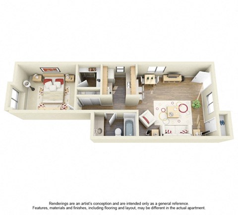 Floor plan for 1 bed, 1 bath, 624 sqft